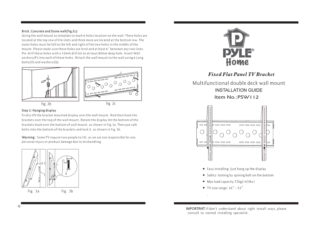 PYLE Audio PSW112 manual Brick, Concrete and Stone wallFig 2c, Hanging display 