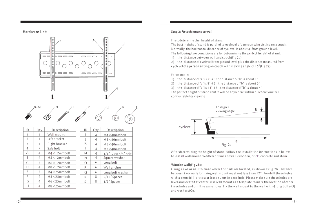 PYLE Audio PSW112 manual Eyelevel, Attach mount to wall, Wooden wallFig 2b 