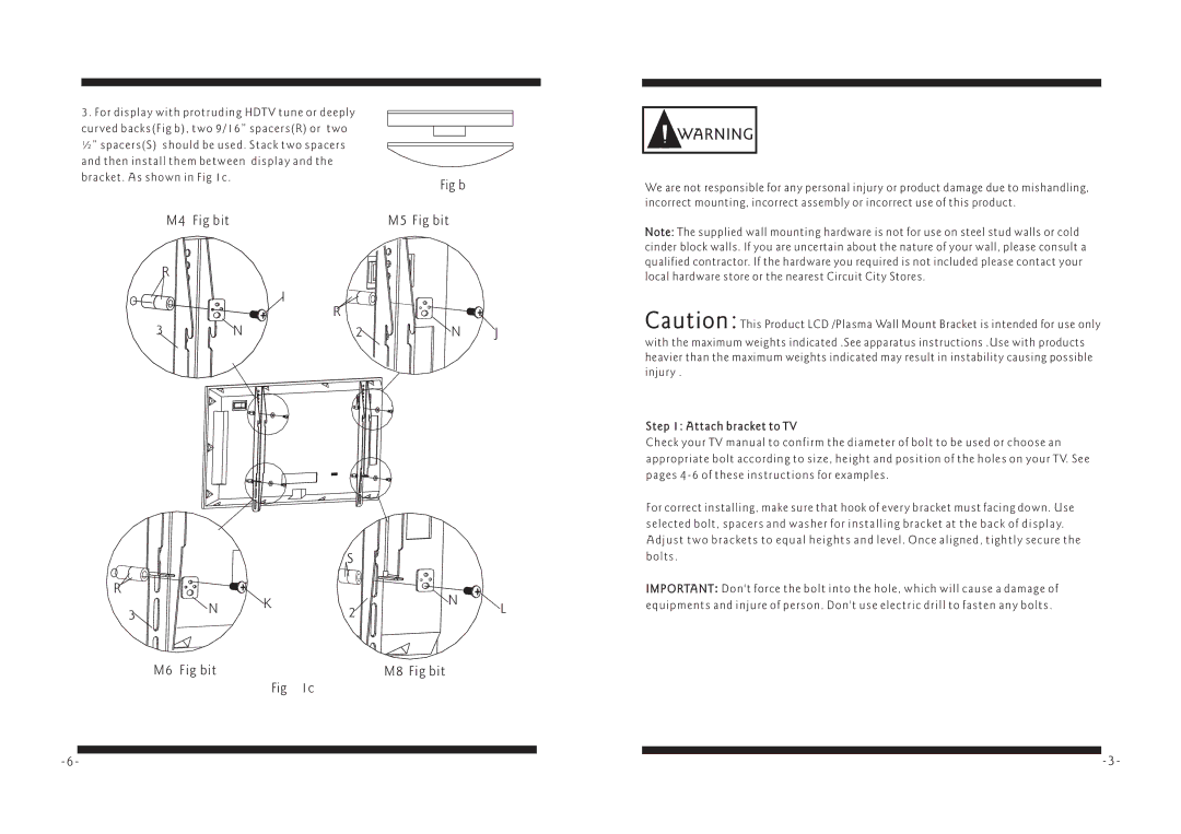 PYLE Audio PSW112 manual M4 Fig bit M5 Fig bit, M6 Fig bit M8 Fig bit, Attach bracket to TV 