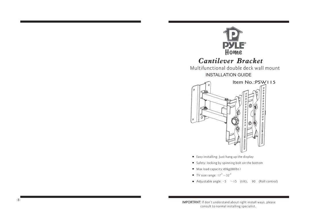 PYLE Audio PSW115 manual Cantilever Bracket 