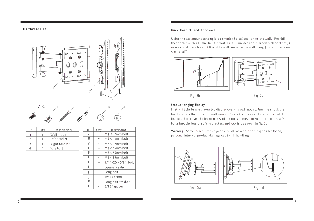 PYLE Audio PSW115 manual Brick, Concrete and Stone wall, Hanging display 