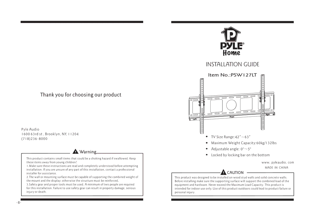 PYLE Audio PSW127LT manual Thank you for choosing our product, Yle Audio 1600 63rd st , Brooklyn, NY, 11204 