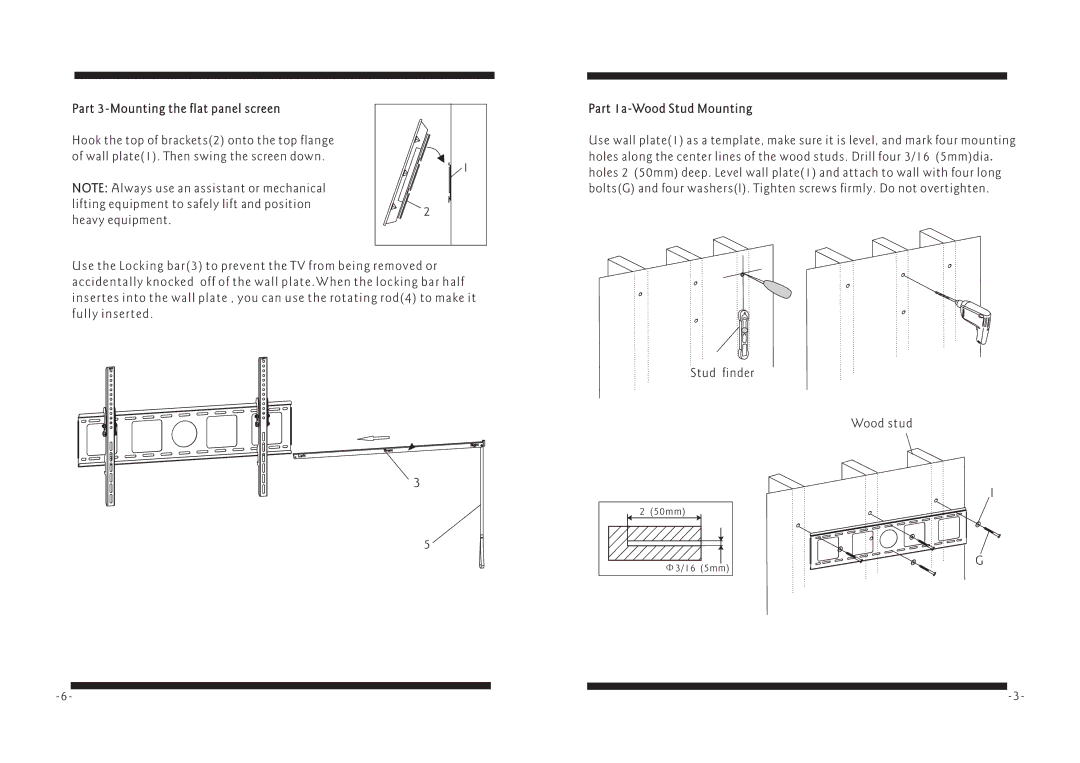 PYLE Audio PSW127LT manual Part 3-Mounting the flat panel screen, Part 1a-Wood Stud Mounting 