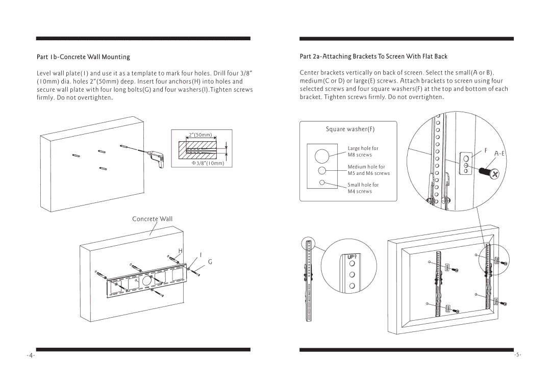 PYLE Audio PSW127LT manual Part 1b-Concrete Wall Mounting, Part 2a-Attaching Brackets To Screen With Flat Back 