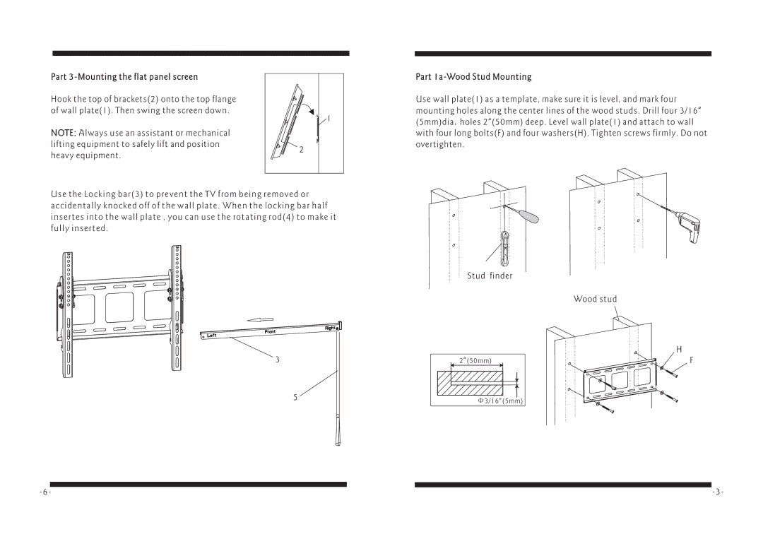 PYLE Audio PSW128ST manual Part 3-Mounting the flat panel screen, Part 1a-Wood Stud Mounting 