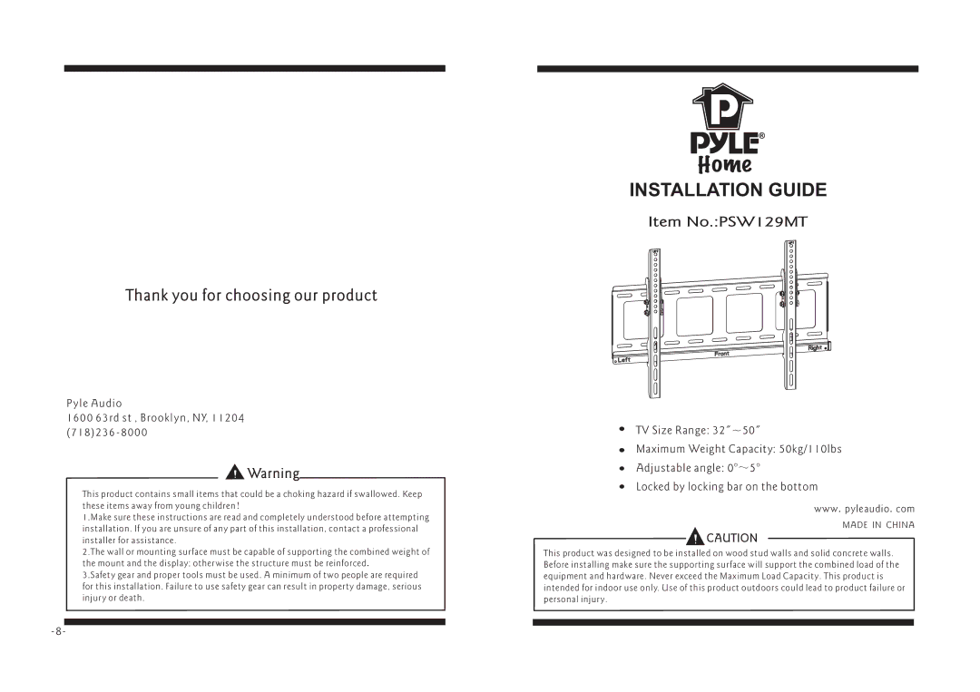 PYLE Audio PSW129MT manual Installation Guide 