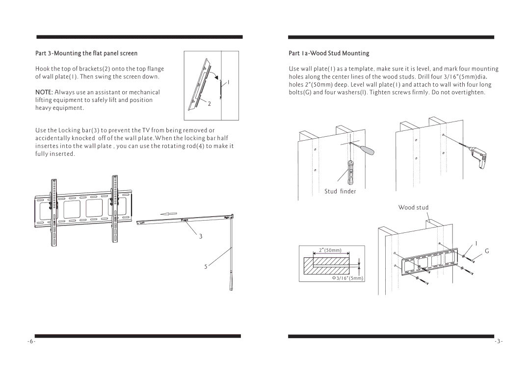 PYLE Audio PSW129MT manual Part 3-Mounting the flat panel screen, Part 1a-Wood Stud Mounting 