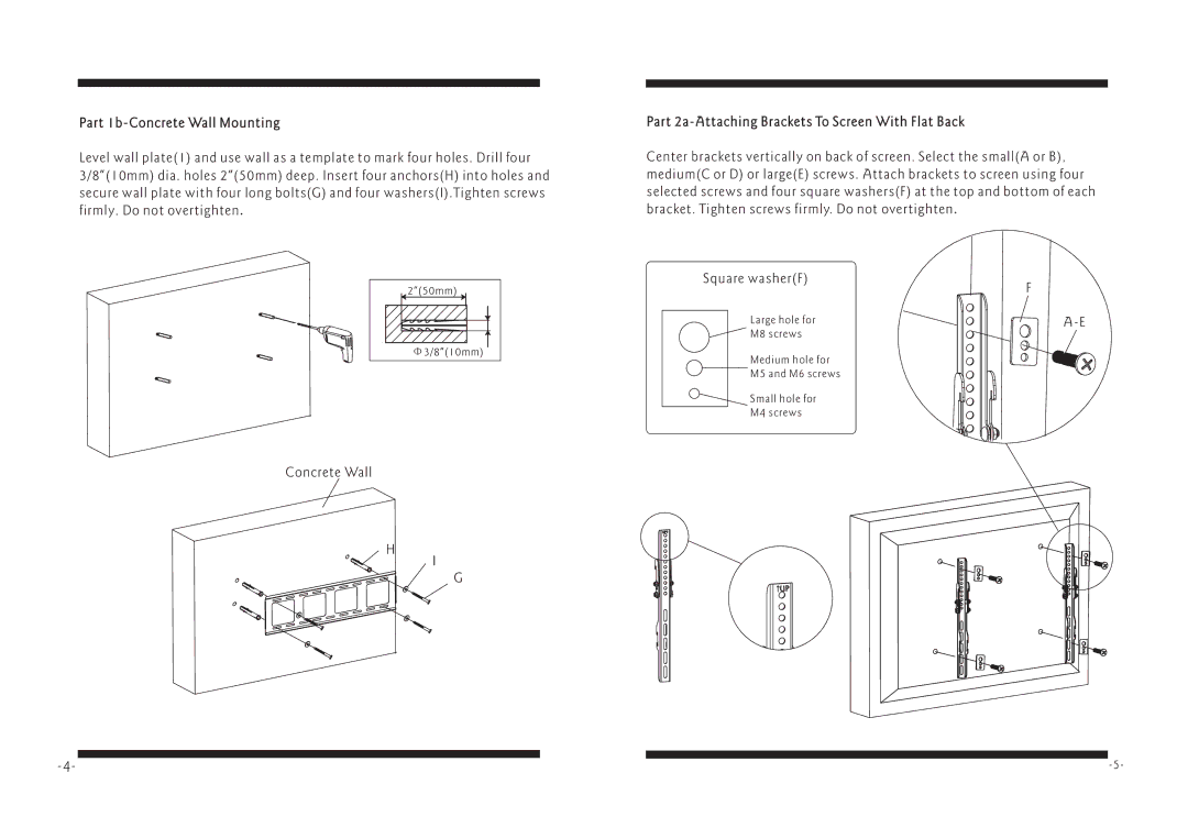 PYLE Audio PSW129MT manual Part 1b-Concrete Wall Mounting, Part 2a-Attaching Brackets To Screen With Flat Back 