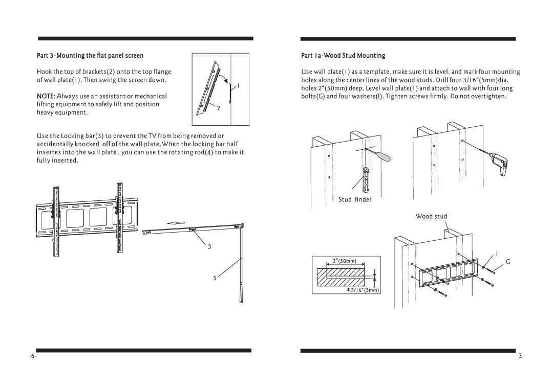 PYLE Audio PSW129MT manual Part 3-Mounting the flat panel screen, Part 1a-Wood Stud Mounting, 2 ”50mm, Φ3/16 ”5mm 