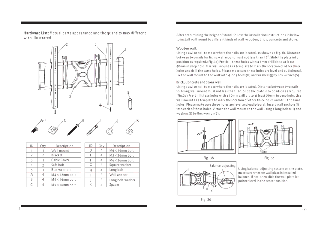 PYLE Audio PSW501SF manual Box wrench, Wooden wall, Brick, Concrete and Stone wall 