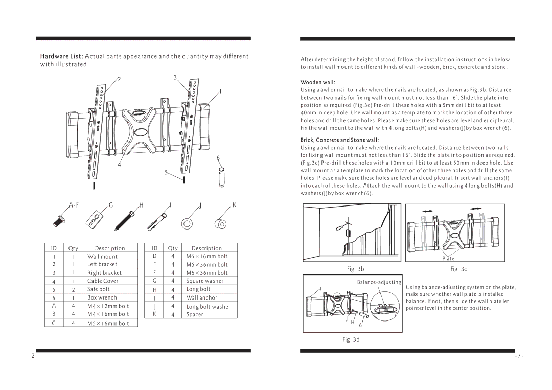 PYLE Audio PSW503ST manual Wooden wall, Brick, Concrete and Stone wall 