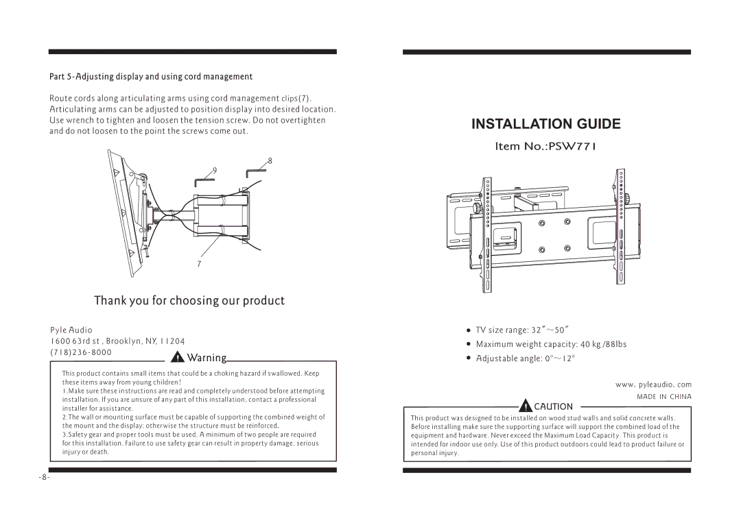 PYLE Audio PSW771 manual Thank you for choosing our product, Part 5-Adjusting display and using cord management 