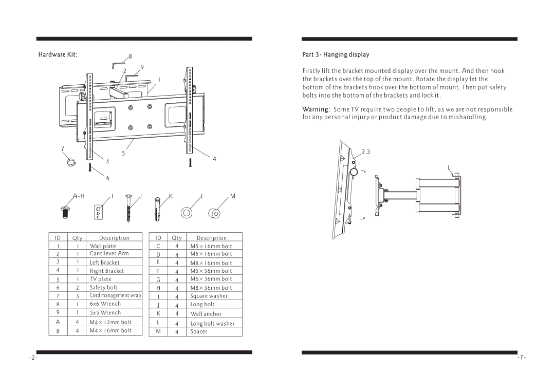 PYLE Audio PSW771 manual Hardware Kit Part 3- Hanging display 