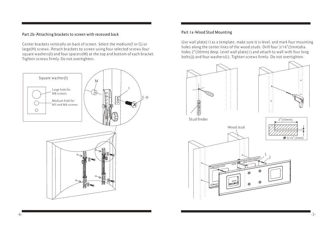 PYLE Audio PSW771 manual Part 2b-Attaching brackets to screen with recessed back, Part 1a-Wood Stud Mounting 