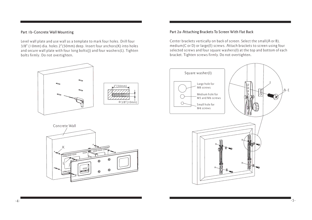 PYLE Audio PSW771 manual Part 1b-Concrete Wall Mounting, Part 2a-Attaching Brackets To Screen With Flat Back 