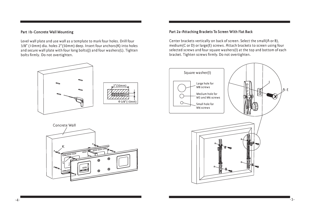 PYLE Audio PSW771 manual Part 1b-Concrete Wall Mounting, Part 2a-Attaching Brackets To Screen With Flat Back 