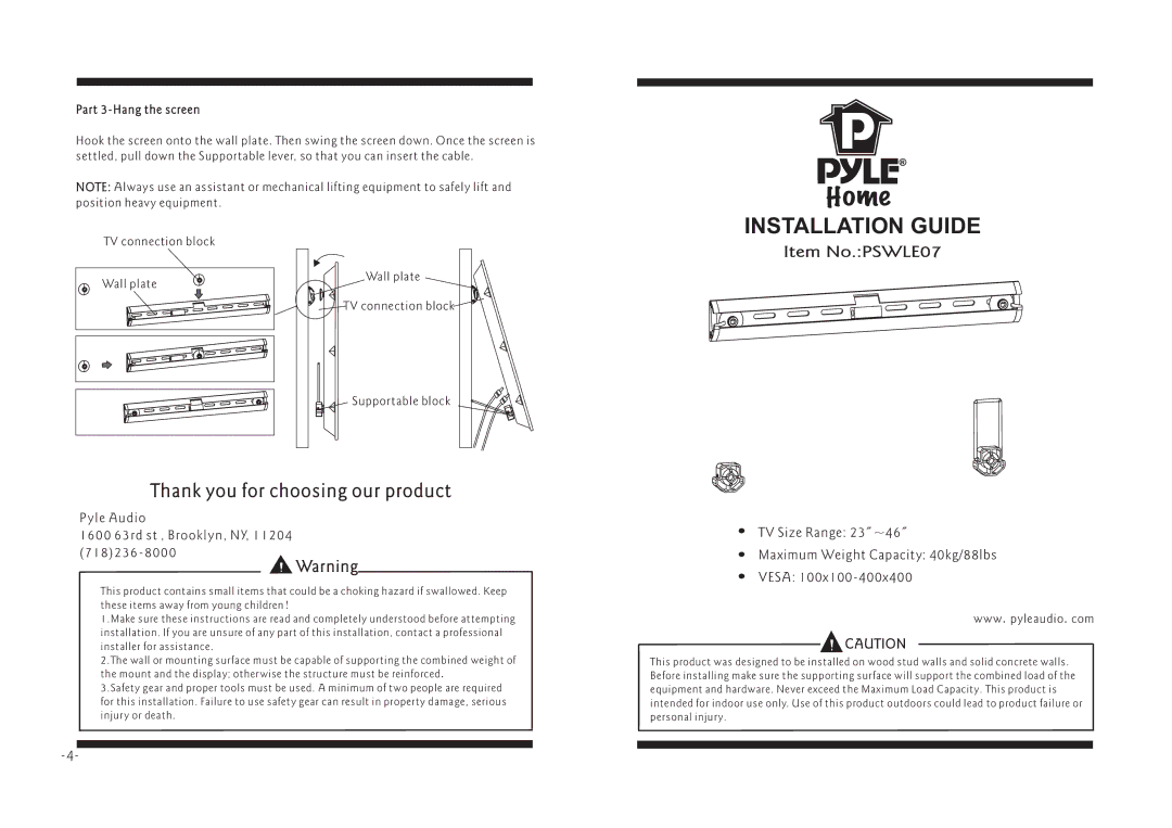 PYLE Audio PSWLE07 manual Yle Audio 1600 63rd st , Brooklyn, NY, 11204, Part 3-Hang the screen 