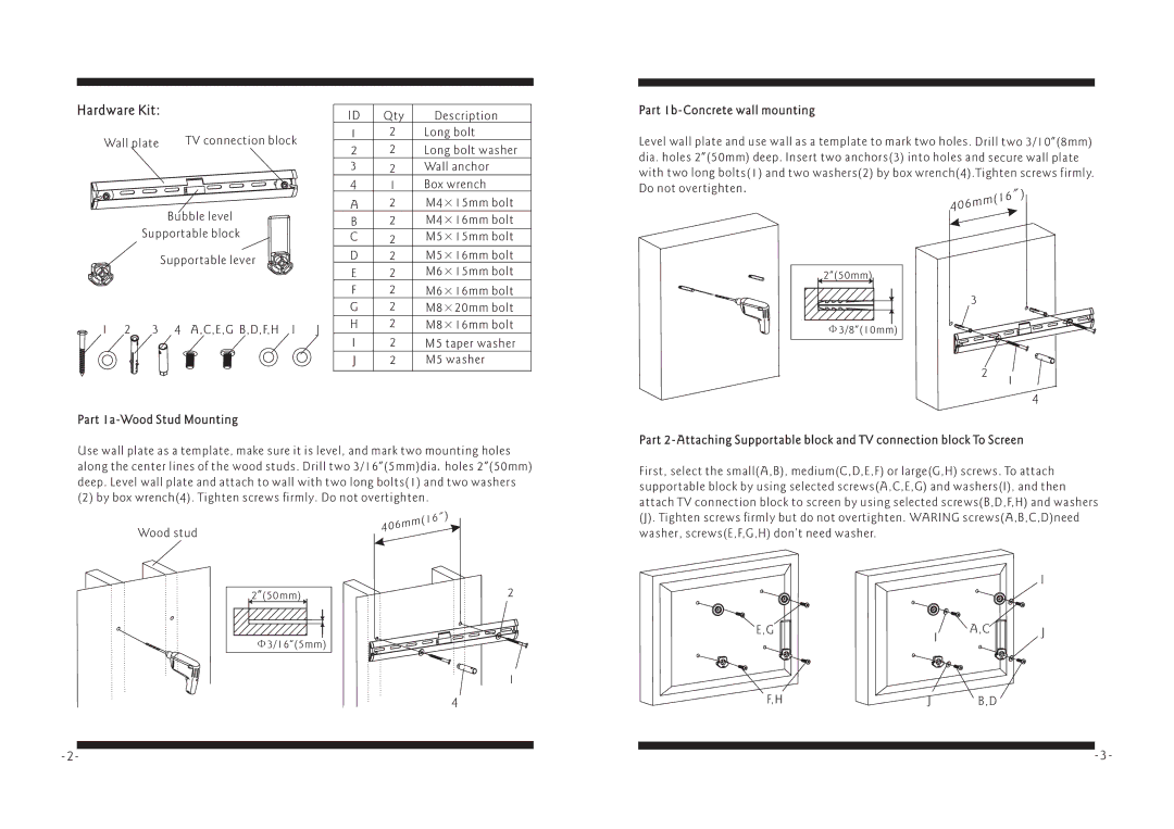 PYLE Audio PSWLE07 manual 406mm16, Part 1a-Wood Stud Mounting, Part 1b-Concrete wall mounting 