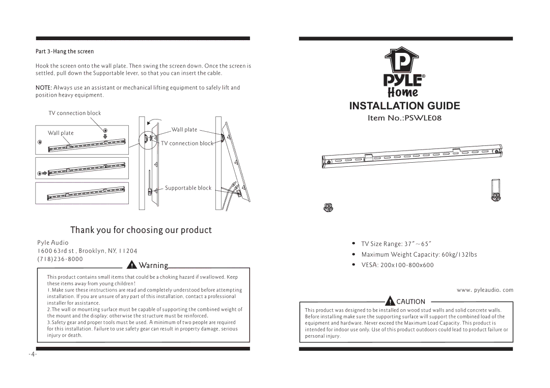 PYLE Audio manual Installation Guide, Item No.PSWLE08, Thank you for choosing our product, Part 3-Hang the screen 