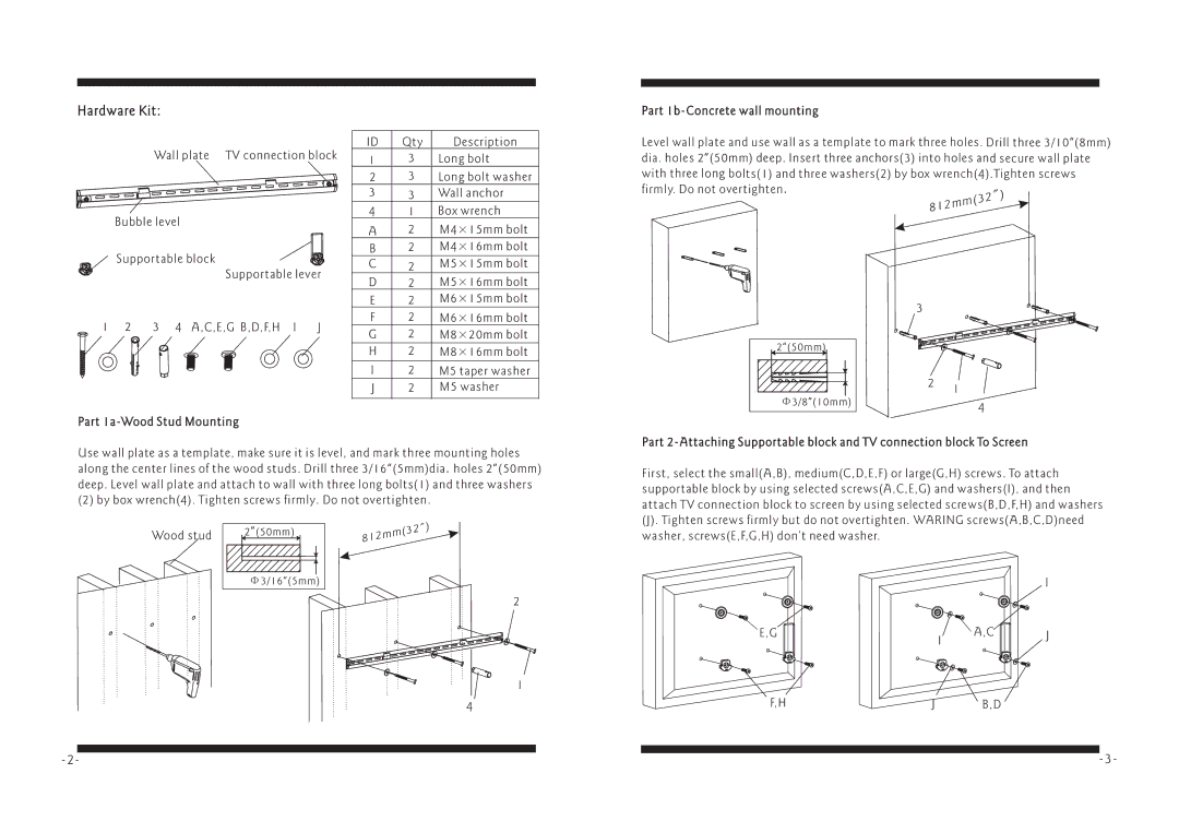 PYLE Audio PSWLE08 manual Hardware Kit, 812mm32, Part 1a-Wood Stud Mounting, Part 1b-Concrete wall mounting 