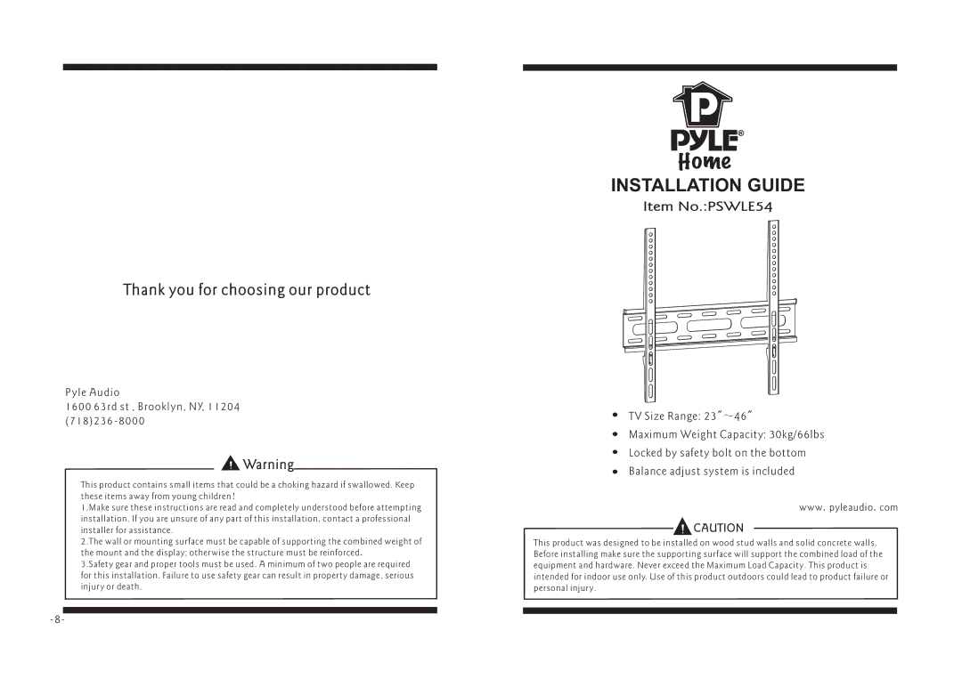 PYLE Audio PSWLE54 manual Installation Guide 