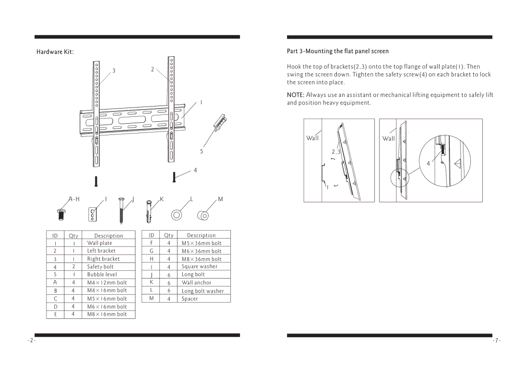 PYLE Audio PSWLE54 manual Hardware Kit Part 3-Mounting the flat panel screen 