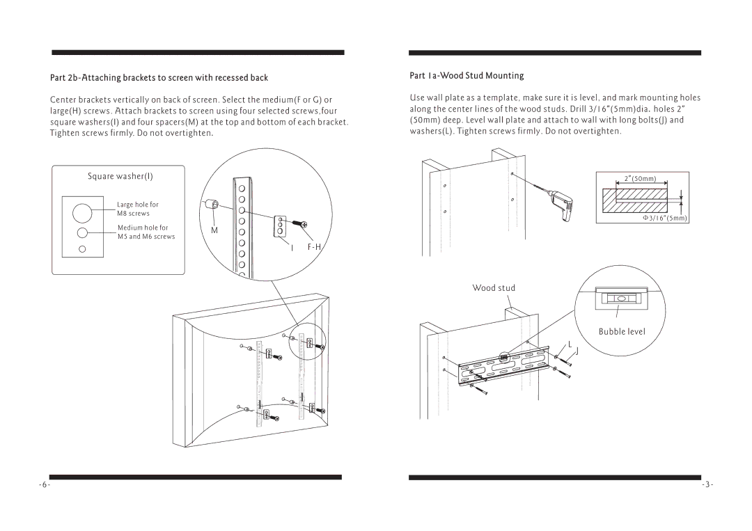 PYLE Audio PSWLE54 manual Part 2b-Attaching brackets to screen with recessed back, Part 1a-Wood Stud Mounting 