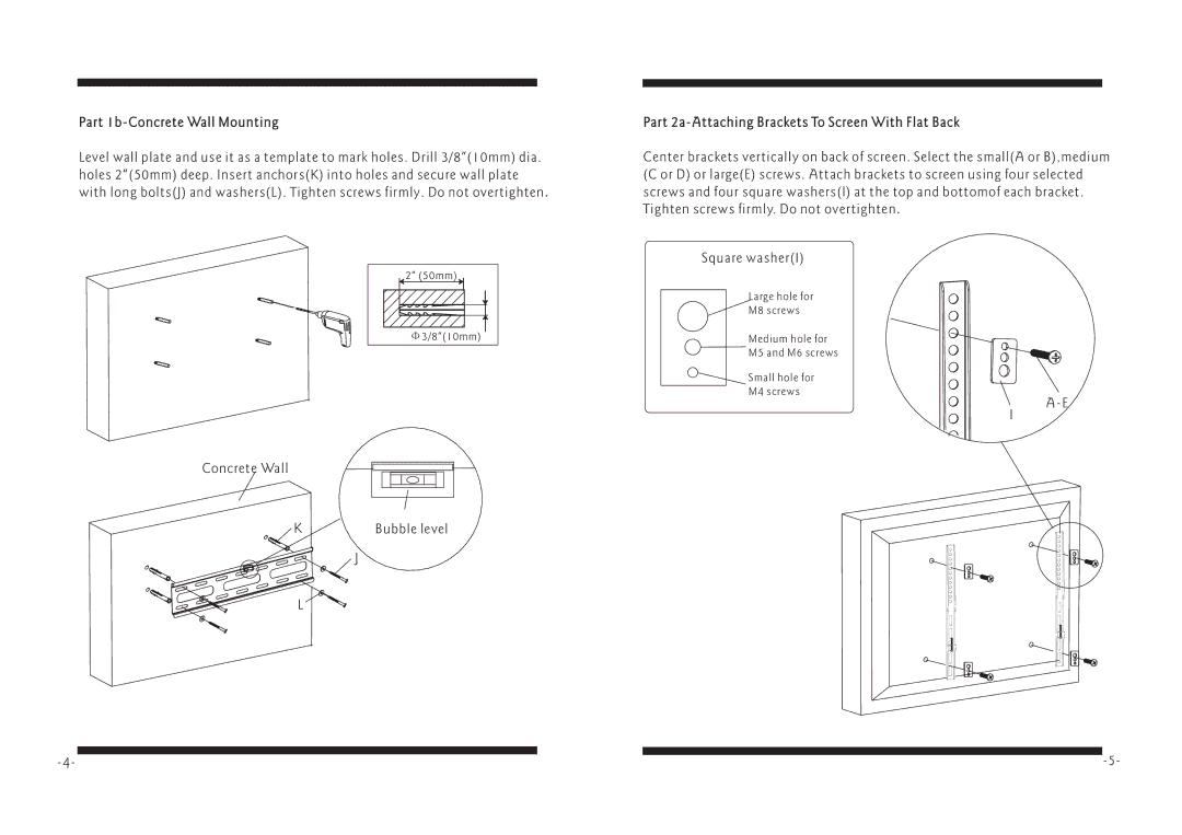 PYLE Audio PSWLE54 manual Part 1b-Concrete Wall Mounting, Part 2a-Attaching Brackets To Screen With Flat Back 