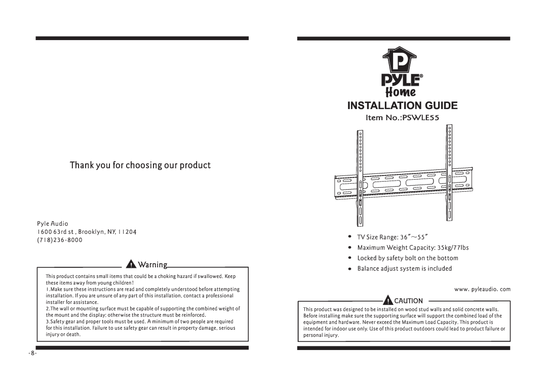 PYLE Audio manual Installation Guide, Item No.PSWLE55, Thank you for choosing our product 