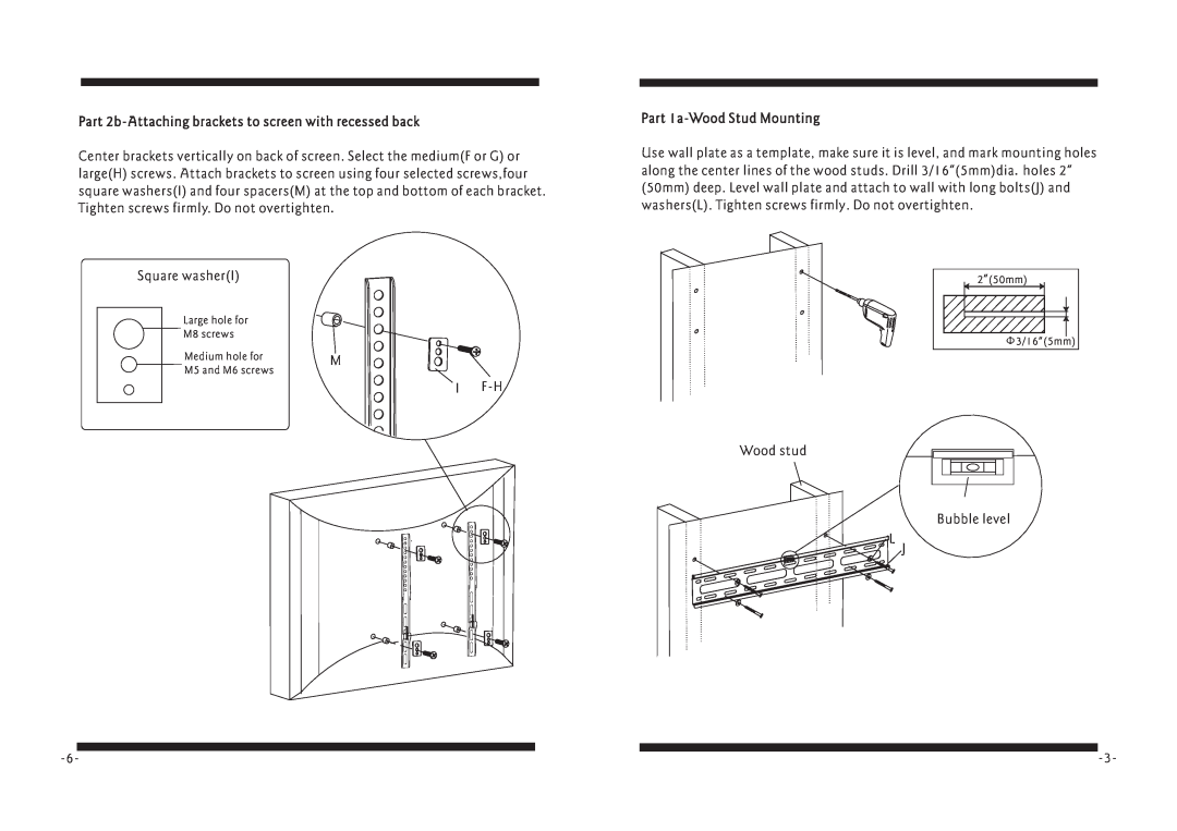 PYLE Audio PSWLE55 manual Part 2b-Attaching brackets to screen with recessed back, Part 1a-Wood Stud Mounting 