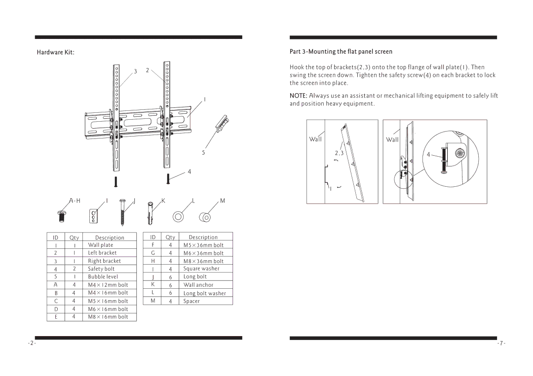 PYLE Audio PSWLE56 manual Hardware Kit Part 3-Mounting the flat panel screen 