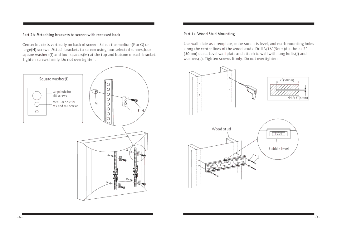 PYLE Audio PSWLE56 manual Part 2b-Attaching brackets to screen with recessed back, Part 1a-Wood Stud Mounting 