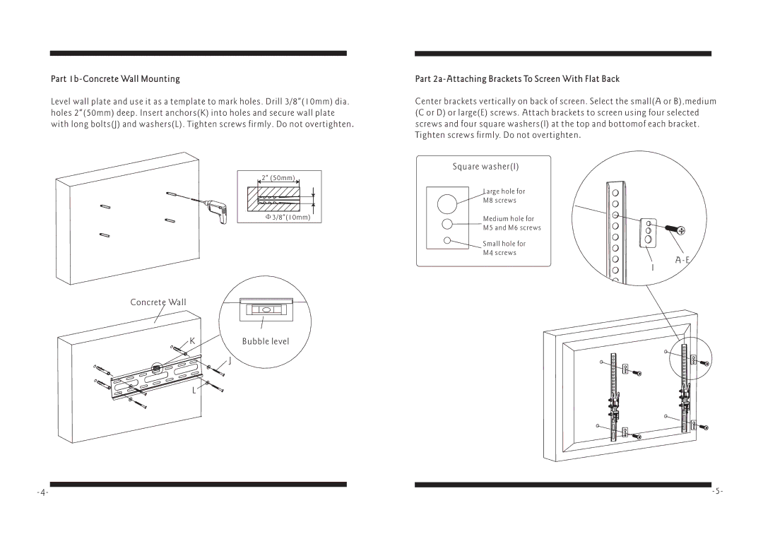 PYLE Audio PSWLE56 manual Part 1b-Concrete Wall Mounting, Part 2a-Attaching Brackets To Screen With Flat Back 