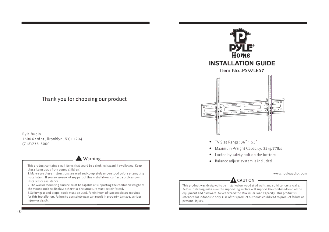 PYLE Audio PSWLE57 manual Installation Guide 