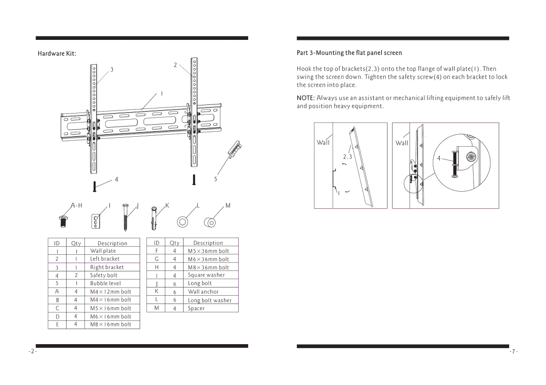 PYLE Audio PSWLE57 manual Hardware Kit Part 3-Mounting the flat panel screen 