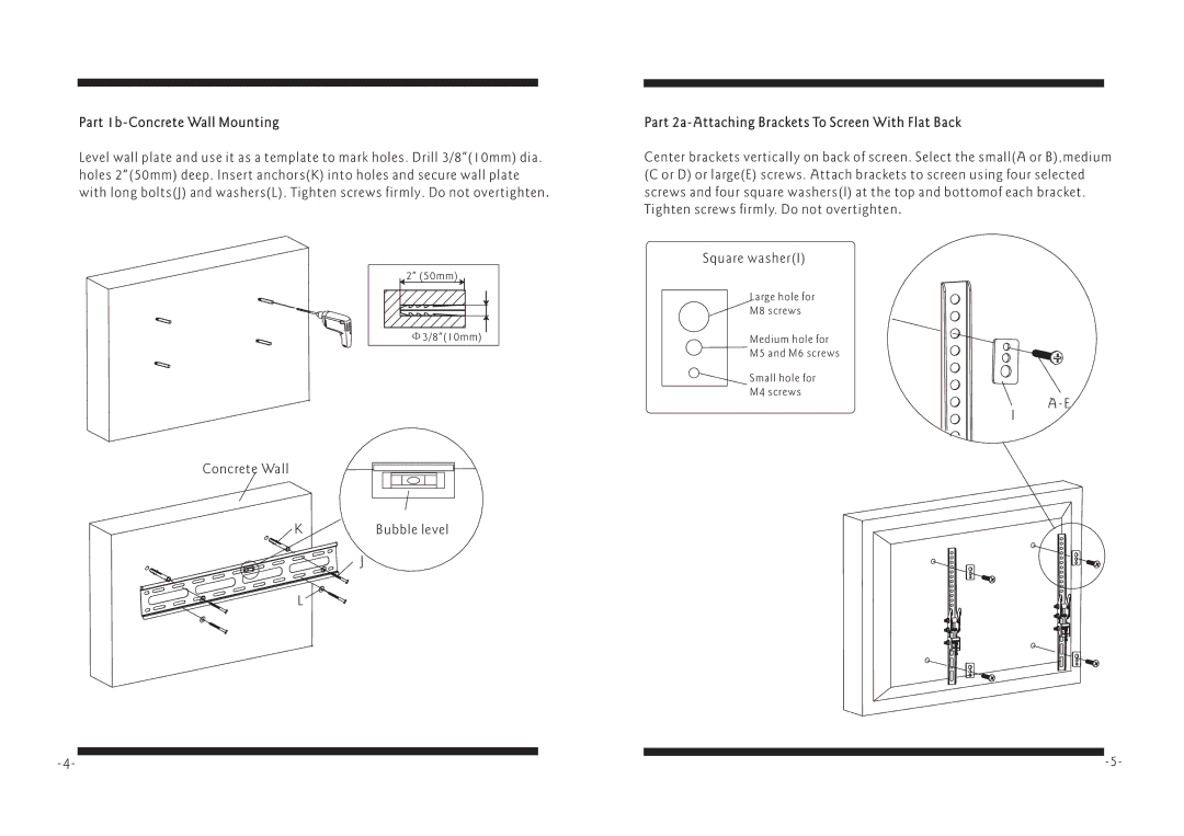 PYLE Audio PSWLE57 manual Part 1b-Concrete Wall Mounting, Part 2a-Attaching Brackets To Screen With Flat Back 