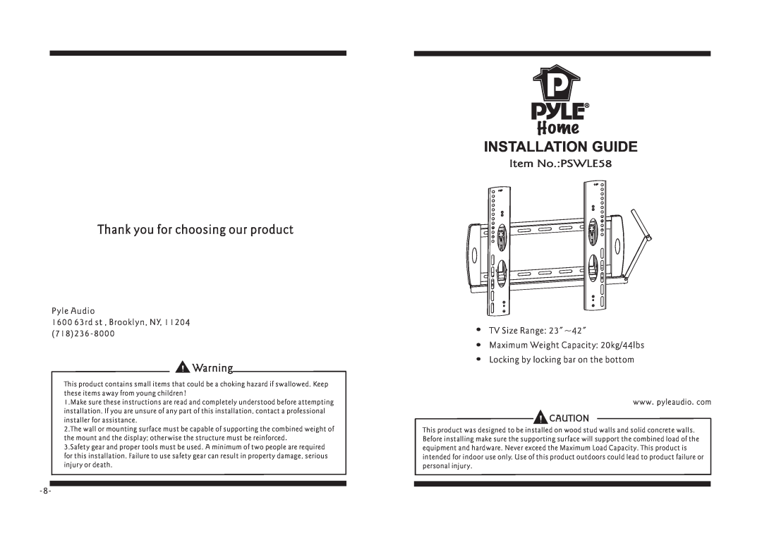 PYLE Audio manual Installation Guide, Item No.PSWLE58, Thank you for choosing our product 