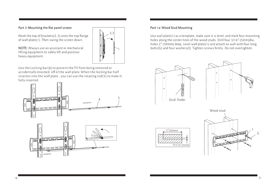 PYLE Audio PSWLE59 manual Part 3-Mounting the flat panel screen, Part 1a-Wood Stud Mounting 