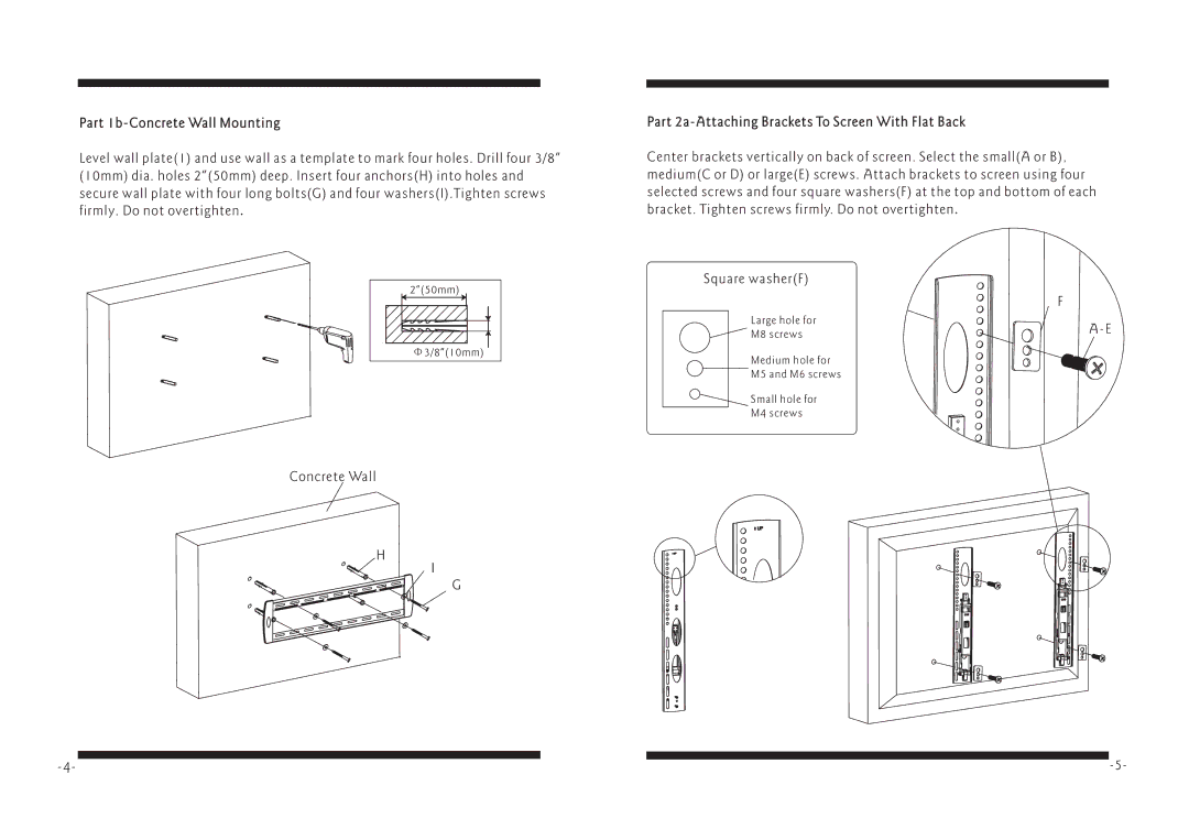 PYLE Audio PSWLE59 manual Part 1b-Concrete Wall Mounting, Part 2a-Attaching Brackets To Screen With Flat Back 