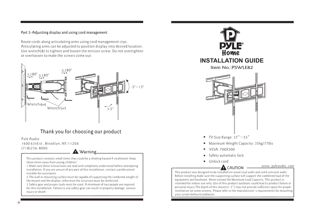 PYLE Audio PSWLE82 manual Thank you for choosing our product, Part 5-Adjusting display and using cord management 