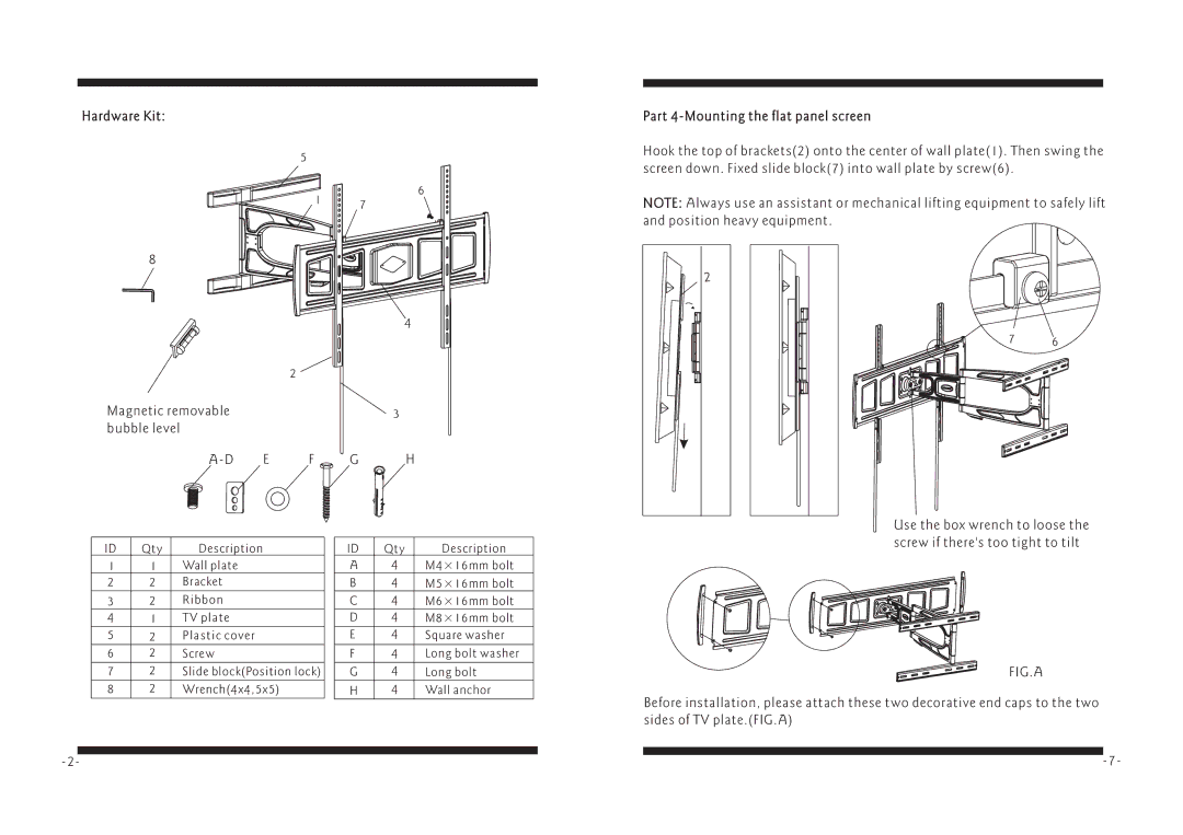 PYLE Audio PSWLE82 manual Hardware Kit, Part 4-Mounting the flat panel screen 