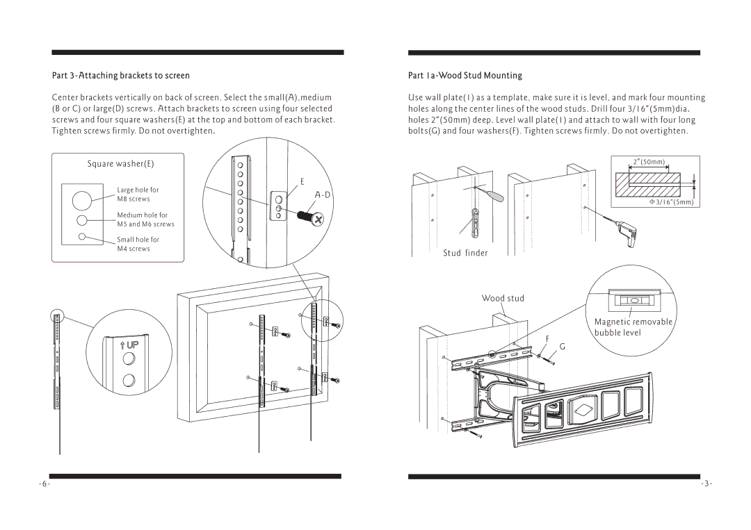 PYLE Audio PSWLE82 manual Part 3-Attaching brackets to screen, Part 1a-Wood Stud Mounting 