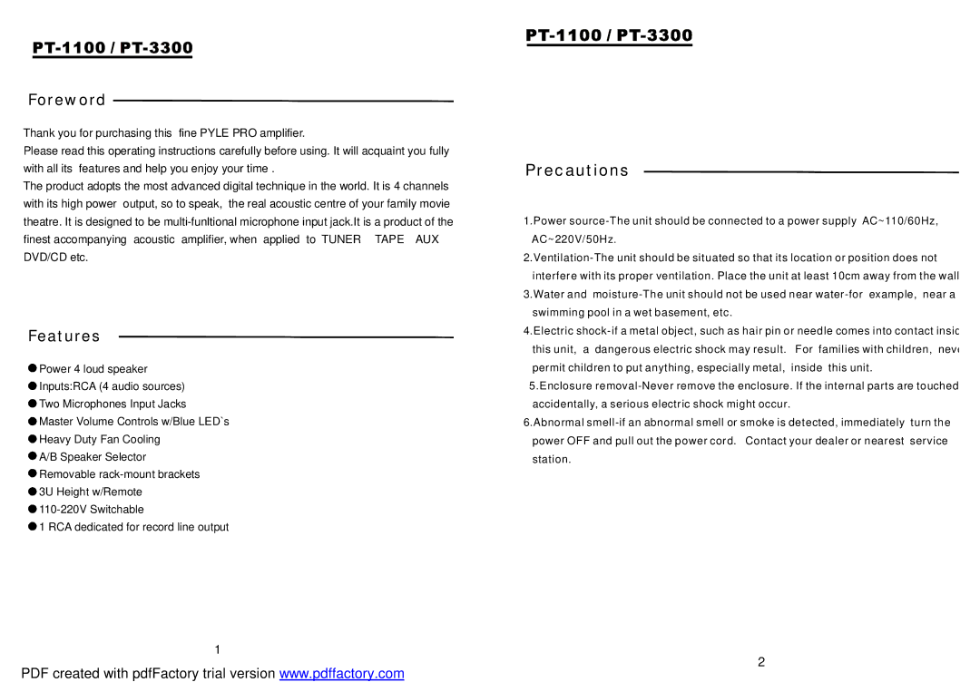 PYLE Audio PT-1100/PT3300 manual Foreword 