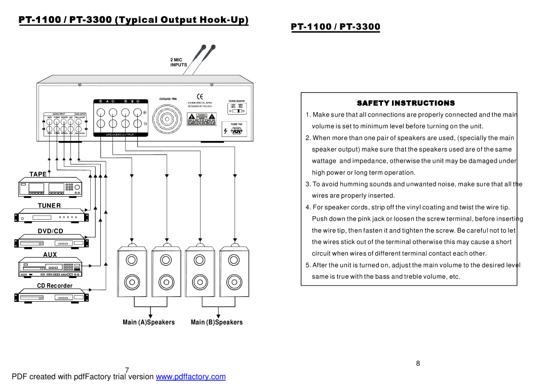 PYLE Audio PT-1100/PT3300 manual Main ASpeakers 