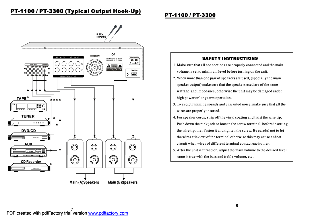PYLE Audio PT-1100/PT3300 manual Main ASpeakers, Tape Tuner Dvd/Cd Aux 