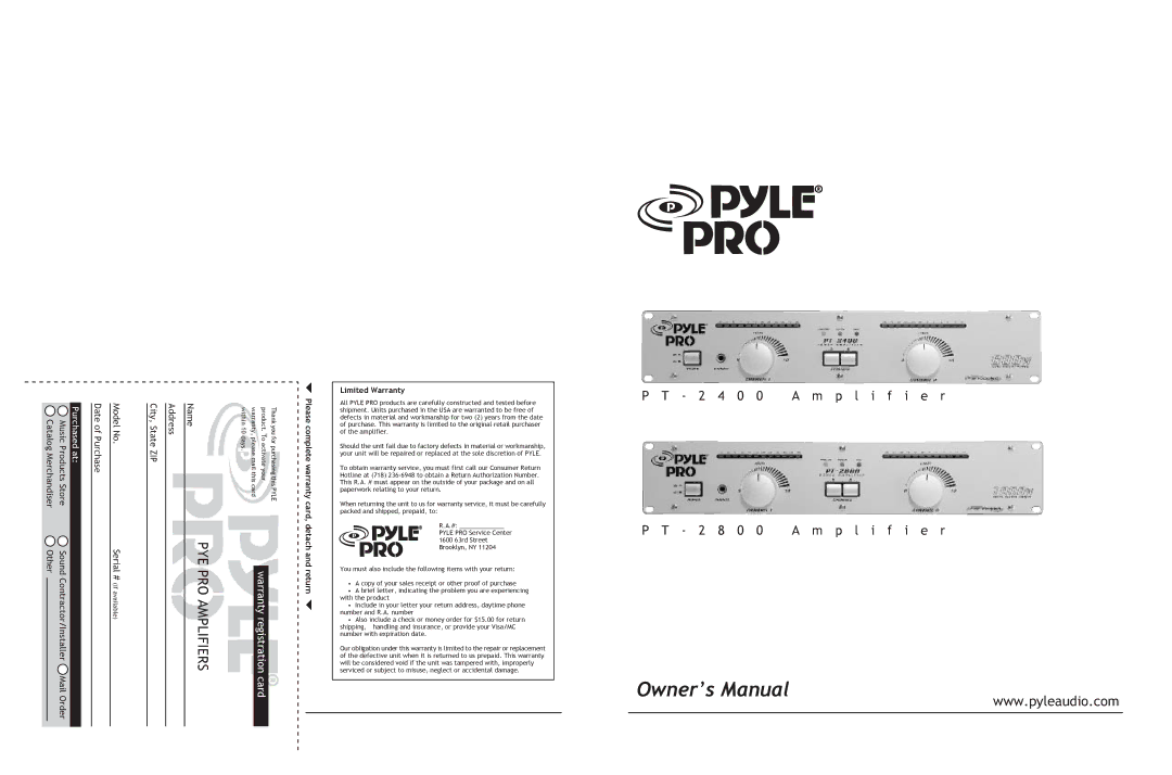 PYLE Audio PT-2800, PT-2400 owner manual Card, detach, Return, Limited Warranty 