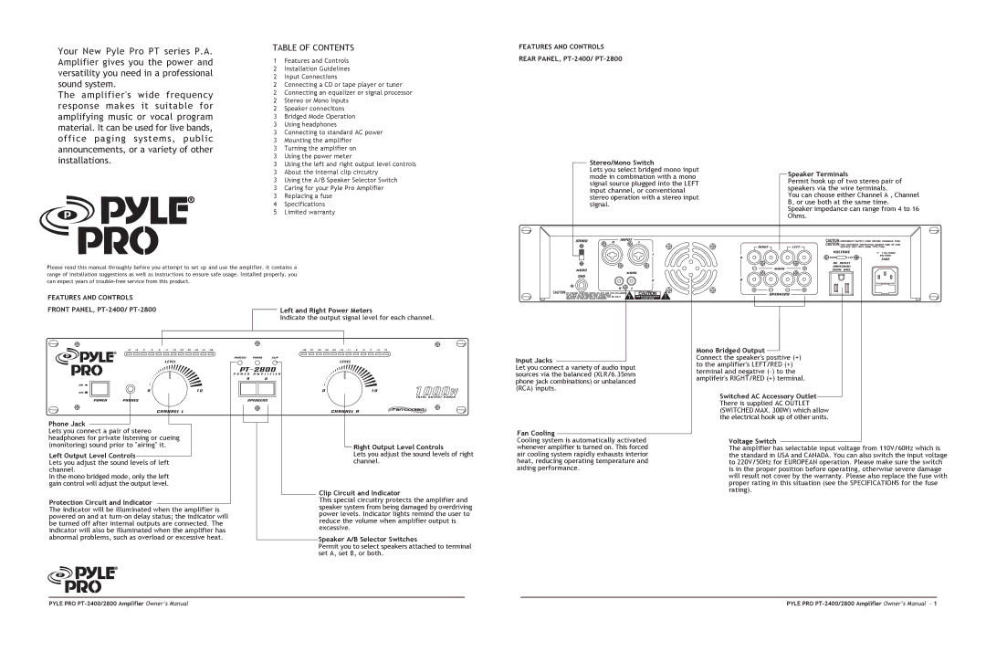 PYLE Audio PT-2400, PT-2800 owner manual Your New Pyle Pro PT series P.A 