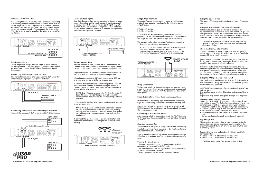 PYLE Audio PT-2800 Input connections, Connecting a CD or tape player, or tuner, Stereo or Mono Inputs, Speaker connections 