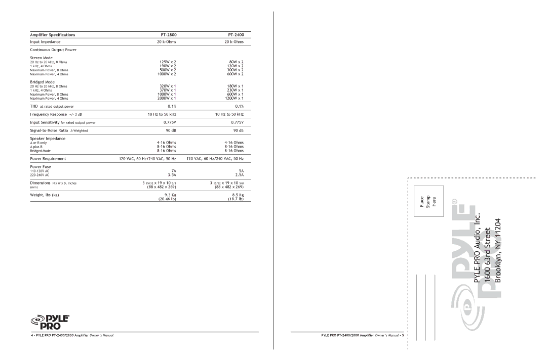 PYLE Audio PT-2400, PT-2800 owner manual Pyle PRO 