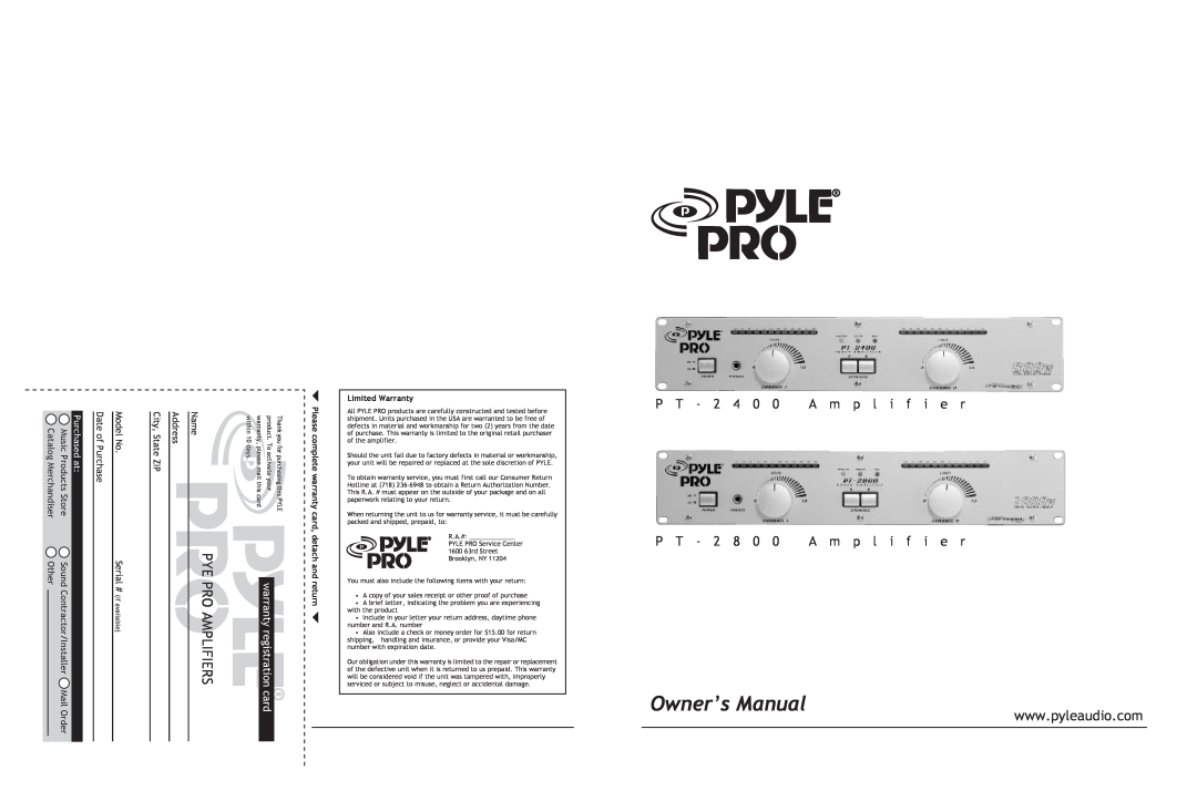 PYLE Audio PT-2800 owner manual Pro Amplifiers, P T - 2 4 0 0 A m p l i f i e r, P T - 2 8 0 0 A m p l i f i e r, card 